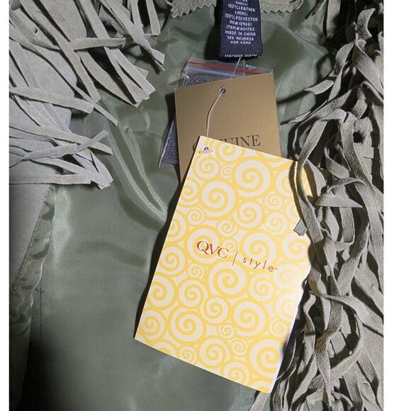 Vtg Y2K Dialogue Pale Green Fringe Trim Open Front Western Suede Jacket Sz M NWT - Picture 4 of 4